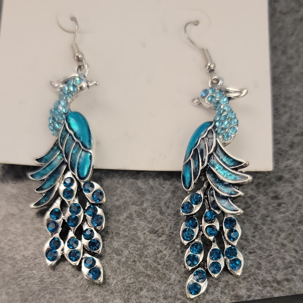 Silver and Teal/Blue Peacock Earrings